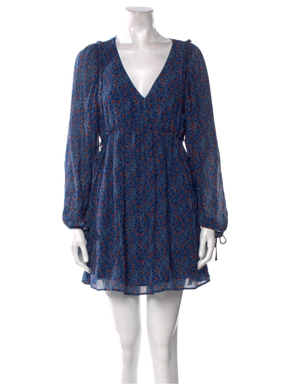 Sézane Blue Red Floral Mini Dress  Size S  Boho Chic Prairie Cottagecore V-Neck